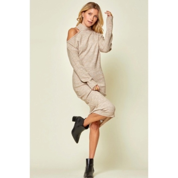 Oyster Cold Shoulder Knit Midi Sweater Stretchy Dress - Picture 6 of 6